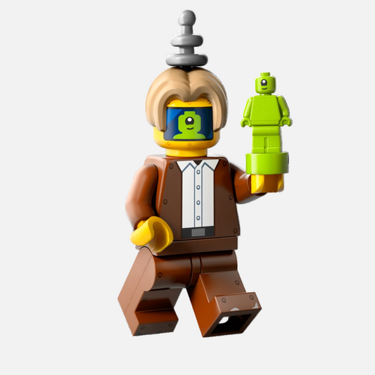 LEGO figure with a brown outfit and blonde hair holding a smaller green figure on a white background