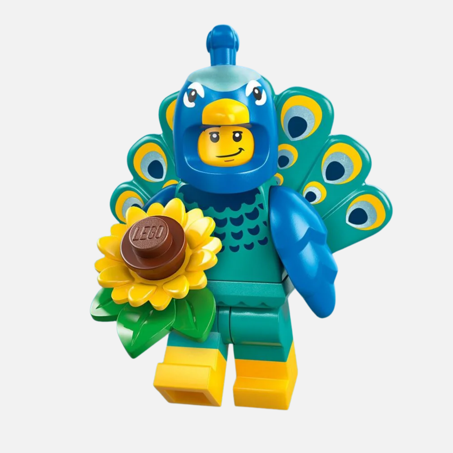 LEGO peacock minifigure with a sunflower on a white background